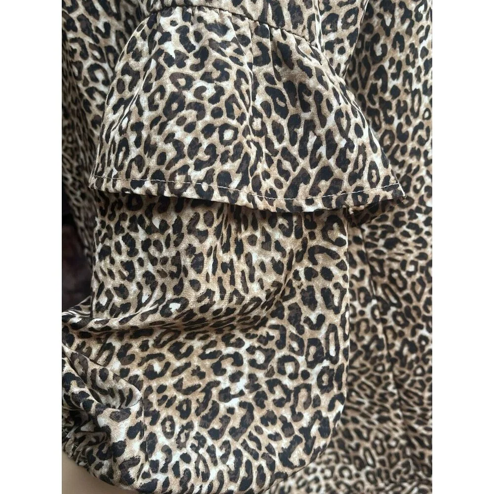 Andree By Unit Size L Shift Dress Leopard Print Puff Tiered Sleeves Ruffle Sheer